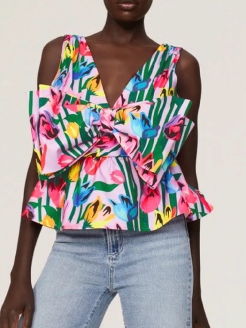 Slate & Willow Pink Multi Floral Bow Peplum Tank
